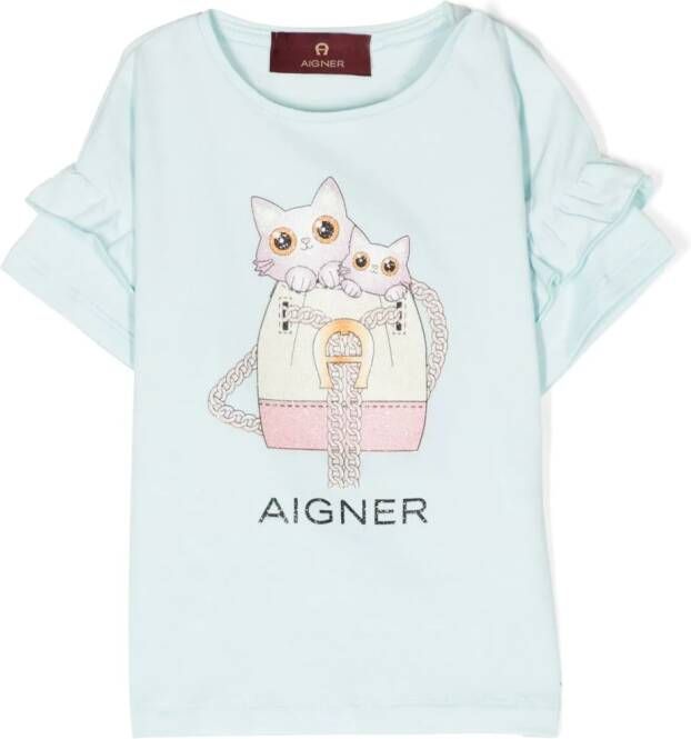 Aigner Kids T-shirt met kattenprint Blauw