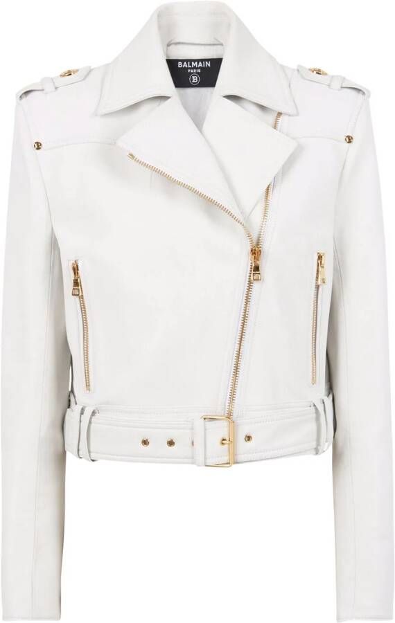 Balmain Cropped leather biker jacket White Dames
