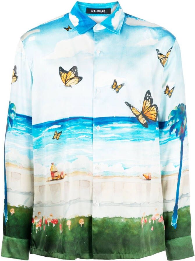 Nahmias Overhemd met vlinderprint Blauw