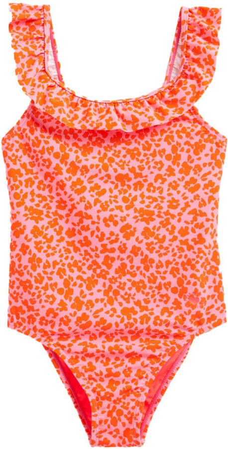 WE Fashion badpak met ruches roze oranje Meisjes Gerecycled polyamide (duurzaam) 122 128