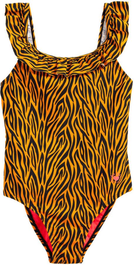 WE Fashion badpak met ruches oranje zwart Bruin Meisjes Gerecycled polyamide (duurzaam) 158 164
