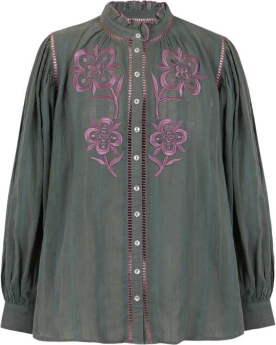 Antik batik Geborduurde katoenen crêpe blouse Groen Dames