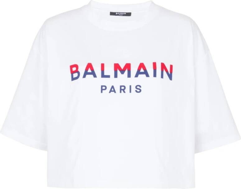 Balmain Flocked Paris cropped T-shirt Kort Paris T-shirt met flockprint Pink White Dames