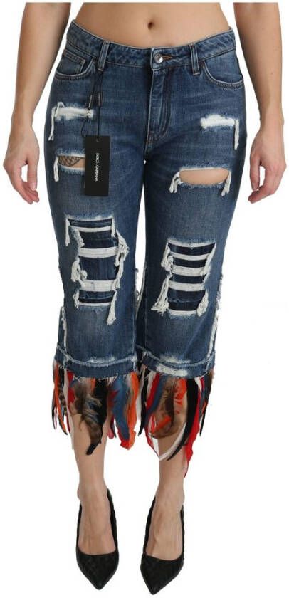 Dolce & Gabbana Feathers Low Waist Cropped Cotton Jeans Blauw Dames