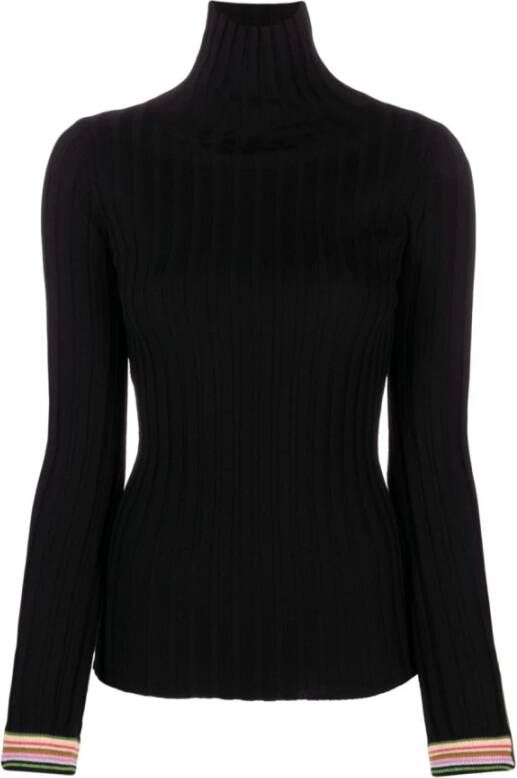 ETRO Zwarte geribbelde trui met veelkleurige gestreepte manchetten Black Dames