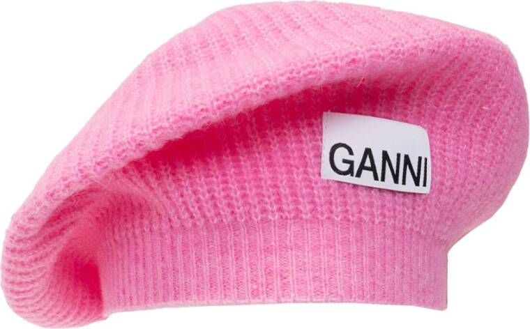 Ganni Gebreide Logo Patch Baret Pink Dames