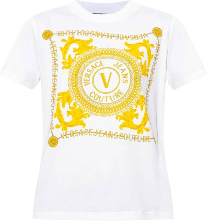 Versace Jeans Couture Katoenen T-shirt met korte mouwen en V-Emblem Chain White Dames