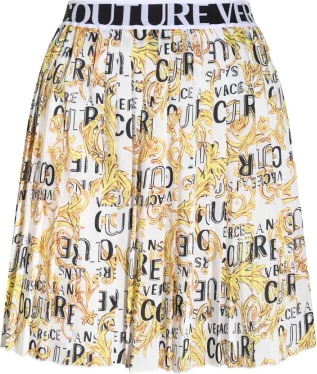 Versace Jeans Couture Witte Geplooide Rok met Gouden Couture Logo Yellow Dames