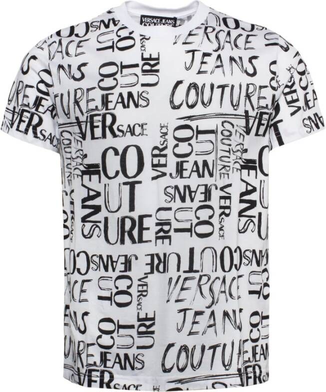 Versace Jeans Couture Witte Crew Neck T-shirt met All Over Logo Print White Heren