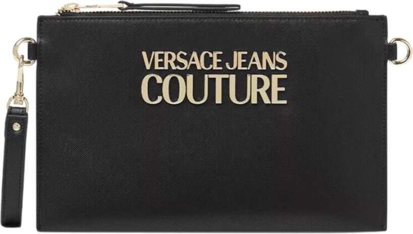Versace Jeans Couture Gestructureerde Logo Rits Clutch Tas Black Dames