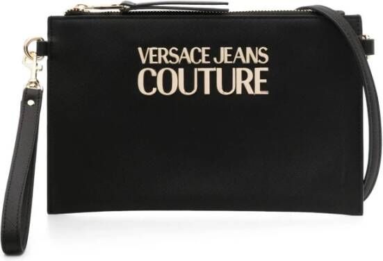 Versace Jeans Couture Gestructureerde Logo Rits Clutch Tas Black Dames