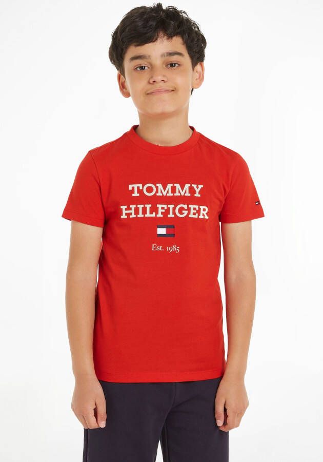 Tommy Hilfiger T-shirt met tekst felrood Jongens Katoen Ronde hals Tekst 110
