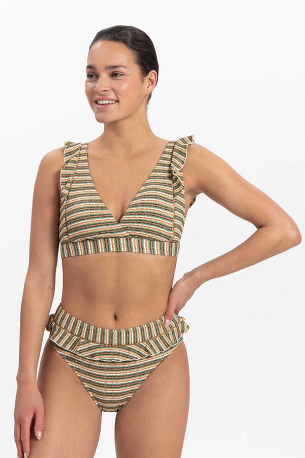 Beachlife gestreept high waist bikinibroekje met textuur bruin groen wit