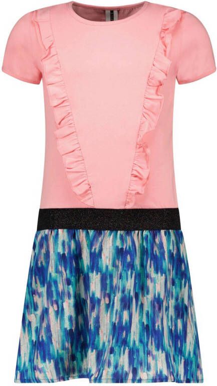 B.Nosy jurk met ruches roze blauw Meisjes Polyester Ronde hals Meerkleurig 146 152