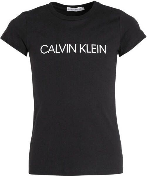 Calvin Klein Jeans slim fit T-shirt met logo zwart Meisjes Biologisch katoen Ronde hals 164
