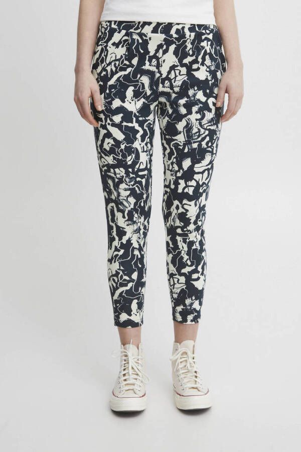 ICHI cropped straight fit pantalon IHKATE met all over print donkerblauw wit