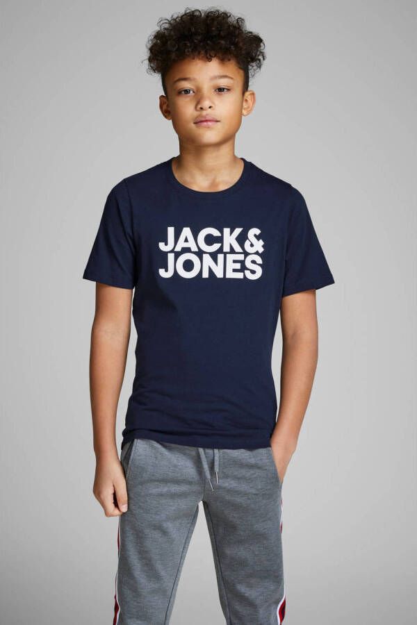 Jack & jones JUNIOR T-shirt JJECORP met logo donkerblauw Jongens Biologisch katoen Ronde hals 128