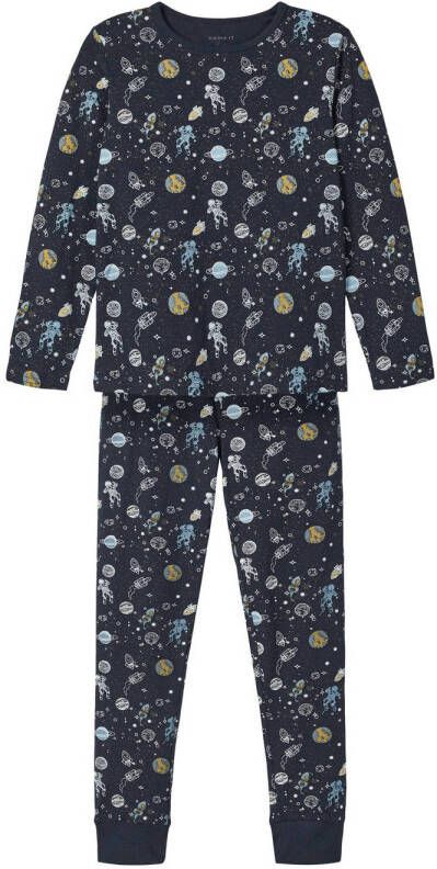 Name it KIDS pyjama NKMNIGHTSET donkerblauw Jongens Biologisch katoen Ronde hals 146 152