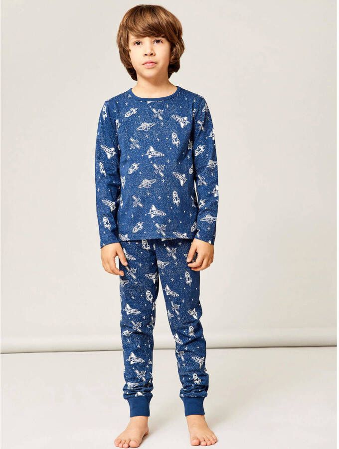 Name it KIDS pyjama NKMNIGHTSET met all over print blauw wit Jongens Stretchkatoen (duurzaam) Ronde hals 122 128