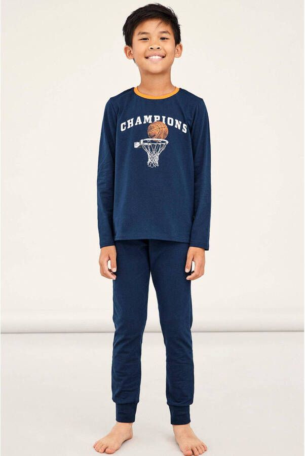 Name it KIDS pyjama NKMNIGHTSET met tekst donkerblauw Jongens Stretchkatoen (duurzaam) Ronde hals 110 116