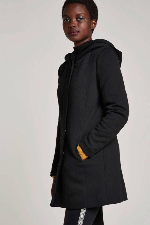 Only Zwarte gedrapeerde jas met capuchon en verborgen sluiting Black Dames