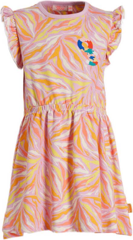 Orange Stars A-lijn jurk Margot met all over print en ruches roze geel Meisjes Stretchkatoen Ronde hals 116
