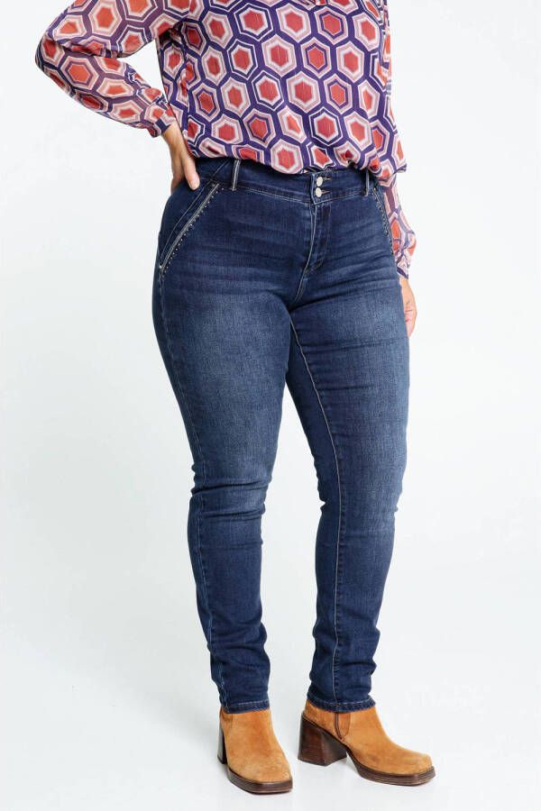 Paprika high waist slim fit jeans Louise met sierstenen dark blue denim