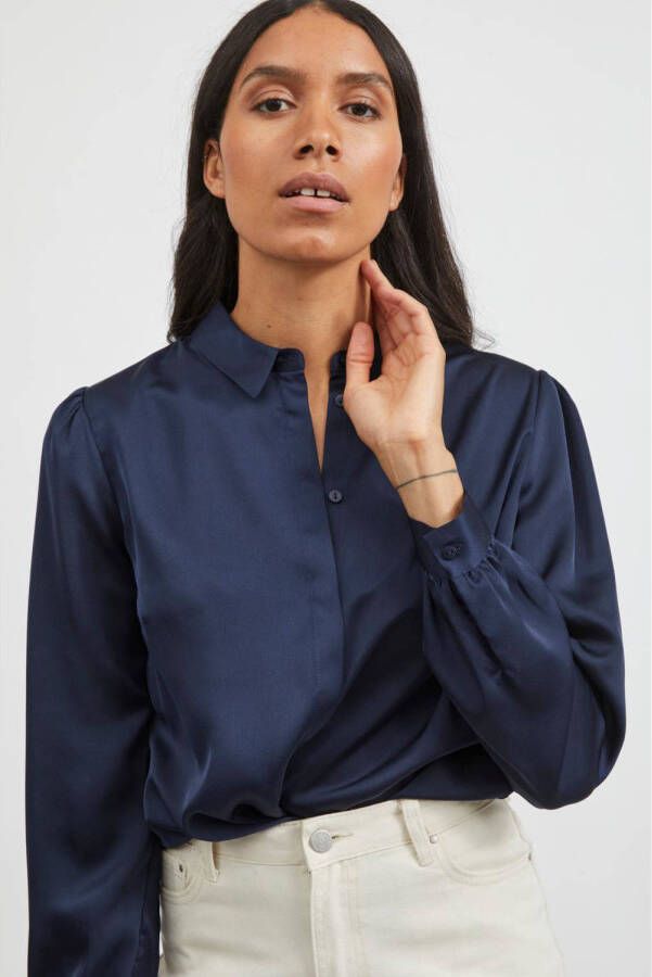 VILA blouse VIELLETTE van gerecycled polyester donkerblauw