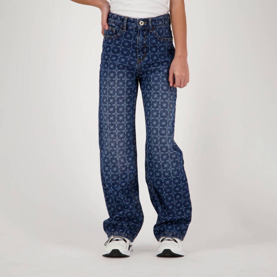VINGINO high waist loose fit jeans Cato Laser met all over print dark used Blauw Meisjes Denim 140
