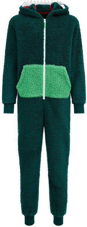 WE Fashion teddy onesie Dino donkergroen groen
