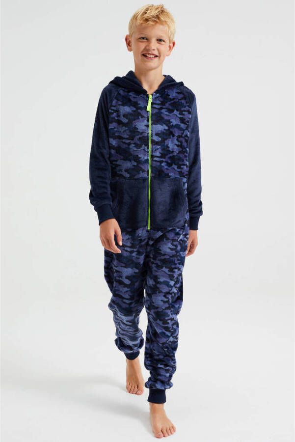 WE Fashion onesie met camouflageprint donkerblauw limegroen Jongens Polyester Capuchon 122 128