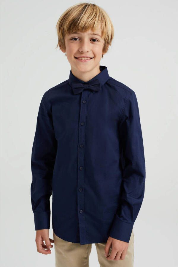 WE Fashion overhemd donkerblauw Jongens Stretchkatoen Klassieke kraag Effen 110 116