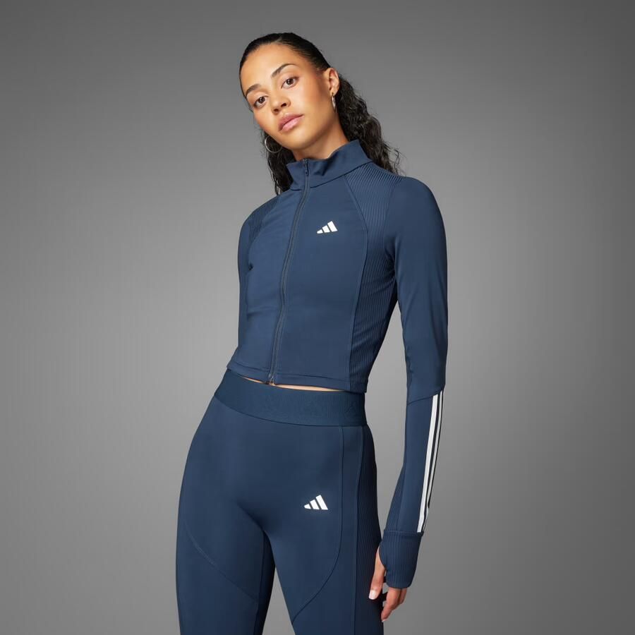 Adidas Hyperglam Rib Full Zip Top Blauw- Dames Blauw - Foto 6