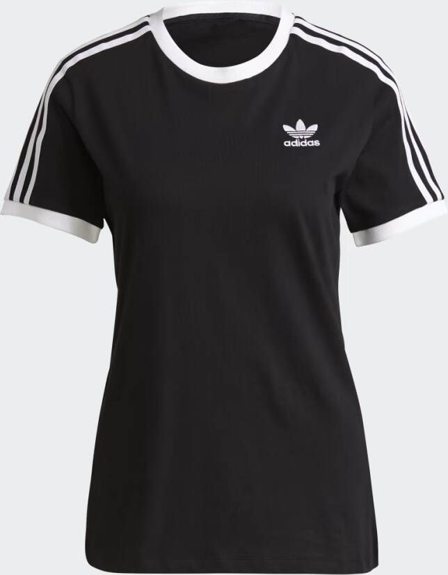 Adidas Originals Zwarte sportieve T-shirt met logo borduursel en contrasterende strepen Black Dames