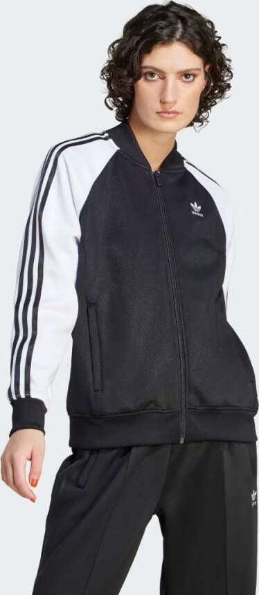 Adidas Originals Zwarte zip-sweatshirt met contrasterende mouwen Black Dames