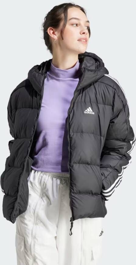 Adidas Essentials 3-Stripes Mid Donsjack met Capuchon Zwart- Dames Zwart