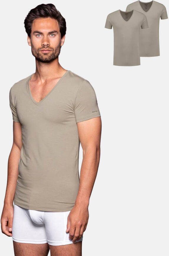 Bamigo Bamboe T shirts Heren Slim fit Diepe V hals Khaki 2 pack
