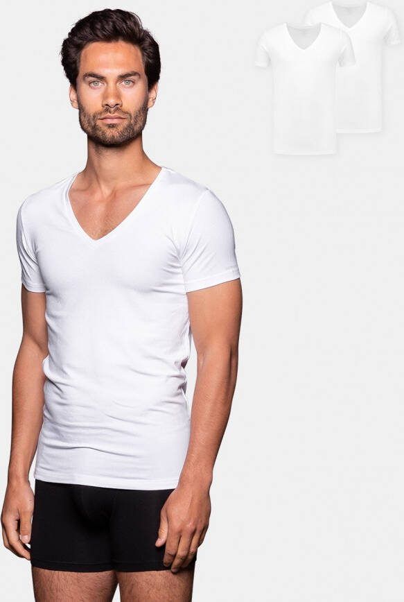 Bamigo Bamboe T shirts Heren Slim fit Diepe V hals Wit 2 pack