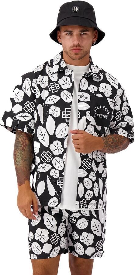 BLACK BANANAS loose fit overhemd BOHEMIAN met all over print zwart wit