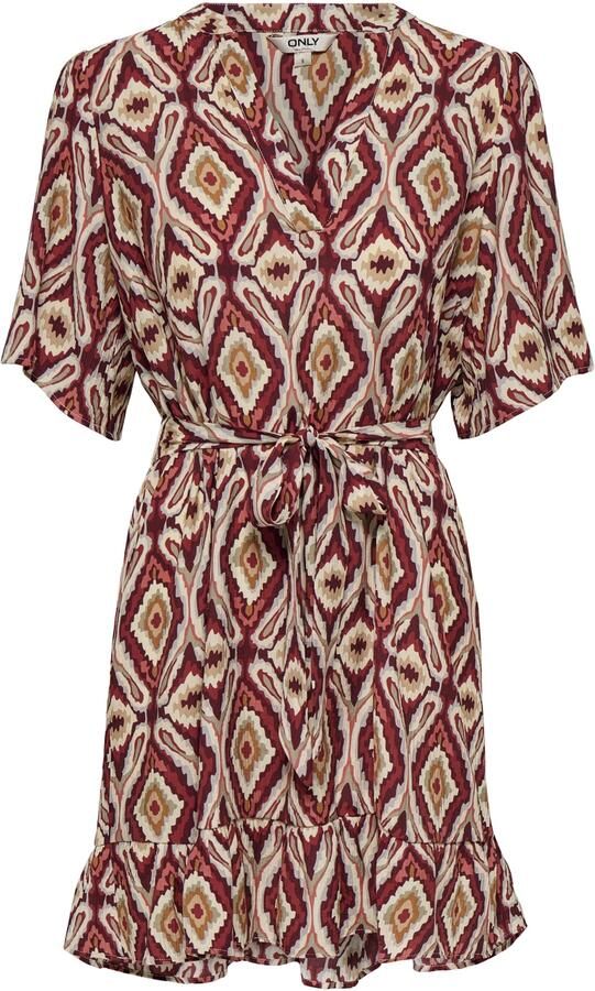 ONLY minijurk met ceintuur en print donkerrood - Foto 3