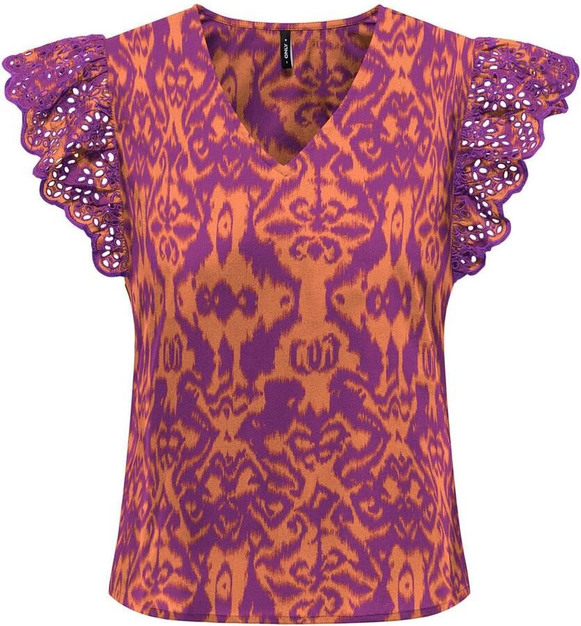 ONLY blousetop ONLLOU met all over print en ruches paars oranje