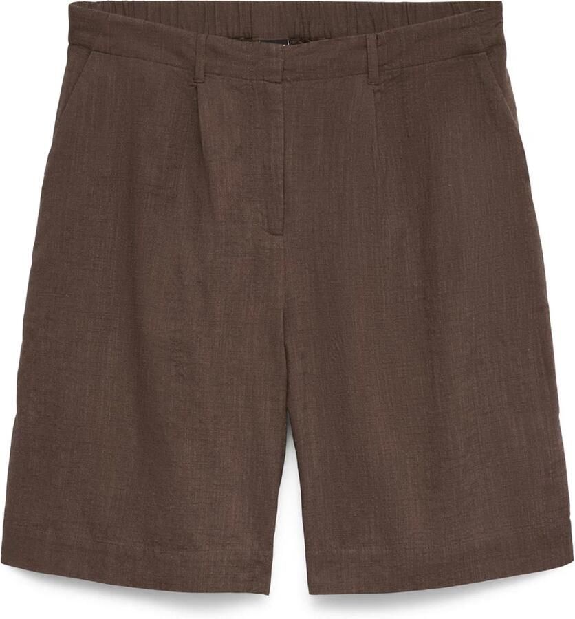 VERO MODA straight high waist bermuda short met linnen donkerbruin