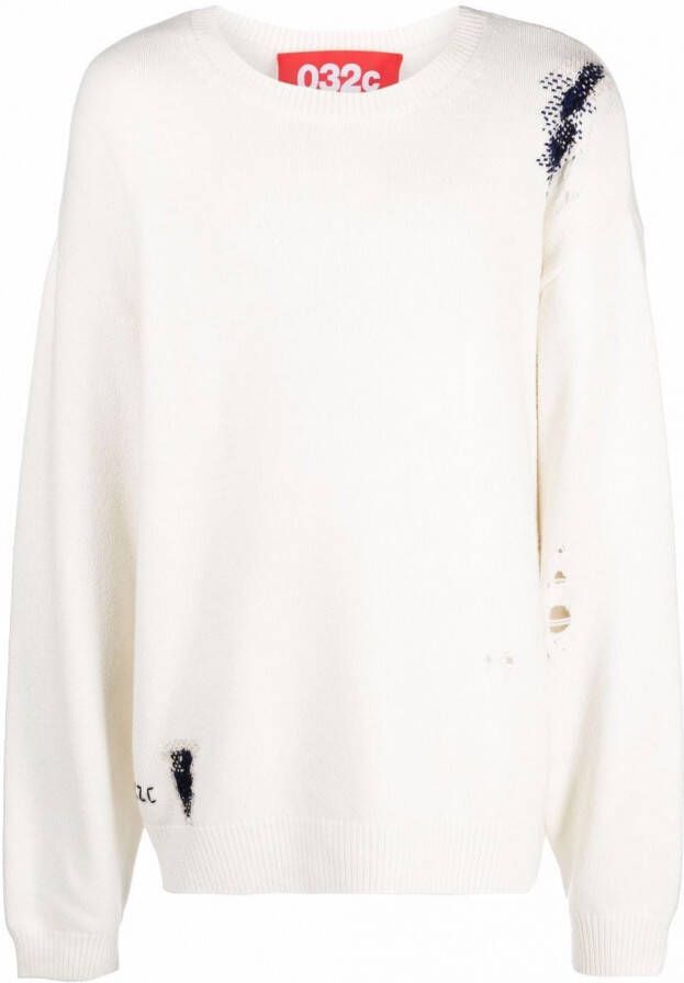 032c Gebreide trui met geborduurd logo Beige