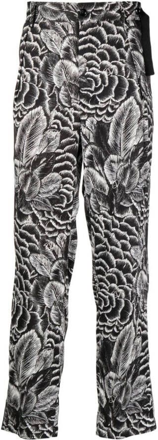 4SDESIGNS Broek met bloemenprint Zwart