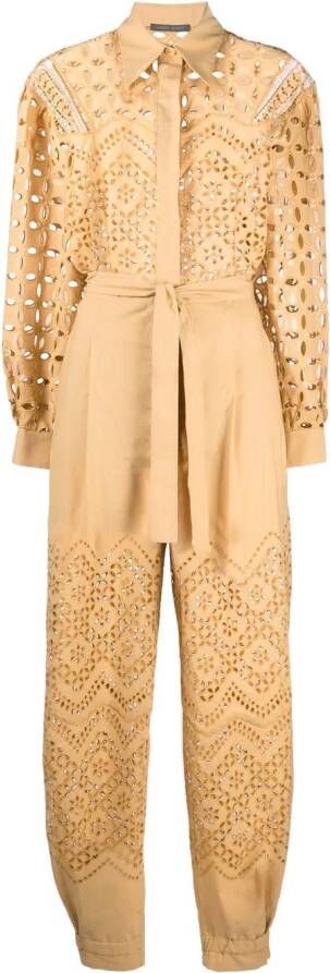 Alberta Ferretti Broderie anglaise jumpsuit met lange mouwen Geel