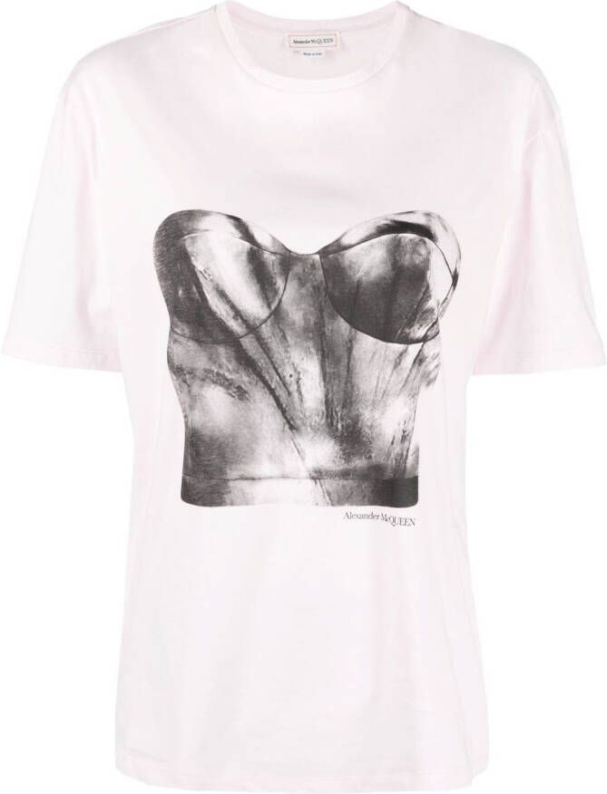 Alexander McQueen T-shirt met korsetprint Roze