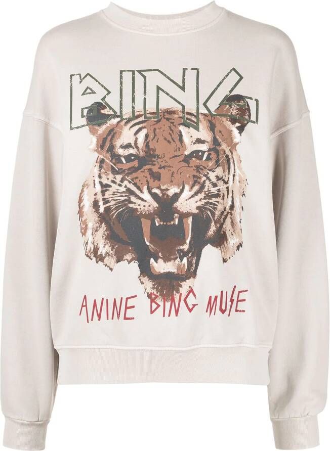 Anine Bing Vintage Tiger Crewneck Sweater in Greige White Dames