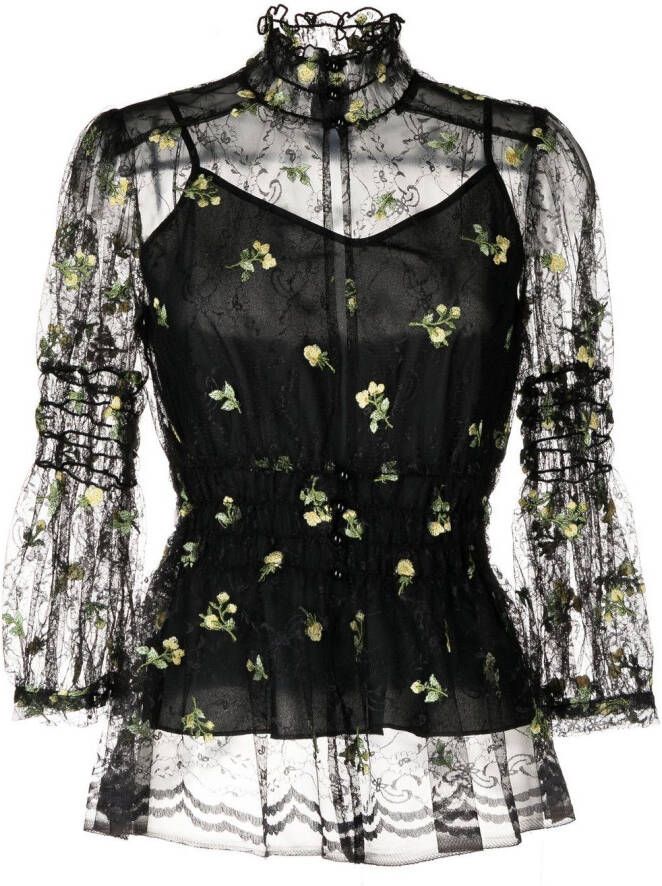 Anna Sui Blouse met geborduurde bloemen Zwart
