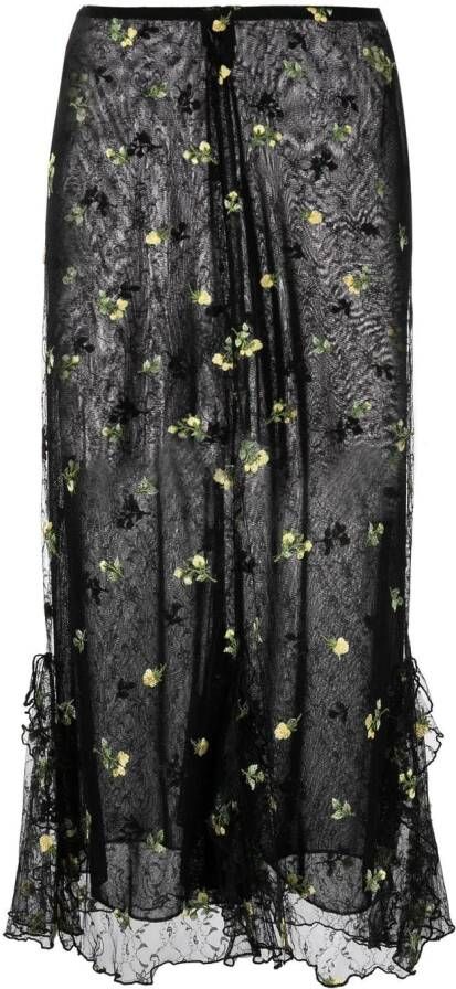 Anna Sui Midi-rok met geborduurde bloemen Zwart