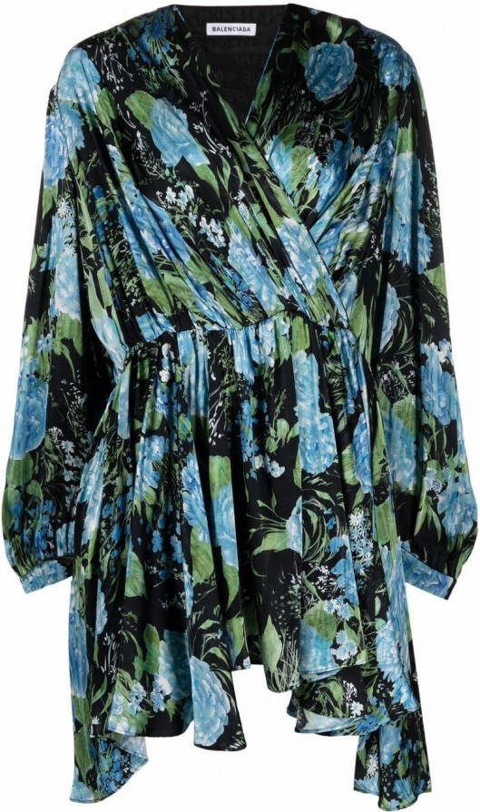 Balenciaga Wikkeljurk met bloemenprint Zwart